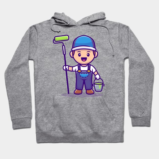 Painter With Roll Brush And Bucket Paint Cartoon Hoodie by Catalyst Labs